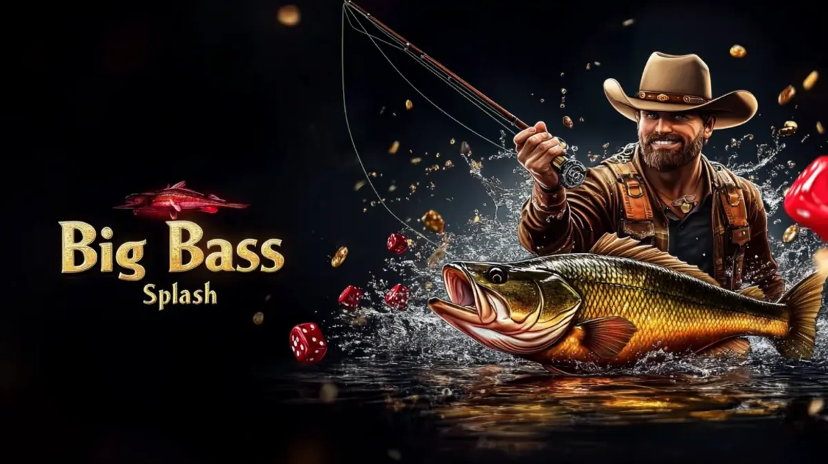 আনন্দিত জেলে, কাউবয় হ্যাট পরা, এই Big Bass Splash আর্কেড-গেমটির প্রচারণায় একটি বড় বেস মাছ টেনে ধরছেন; bb44 game‑এ খেলার জন্য উপলব্ধ, bb44 game।